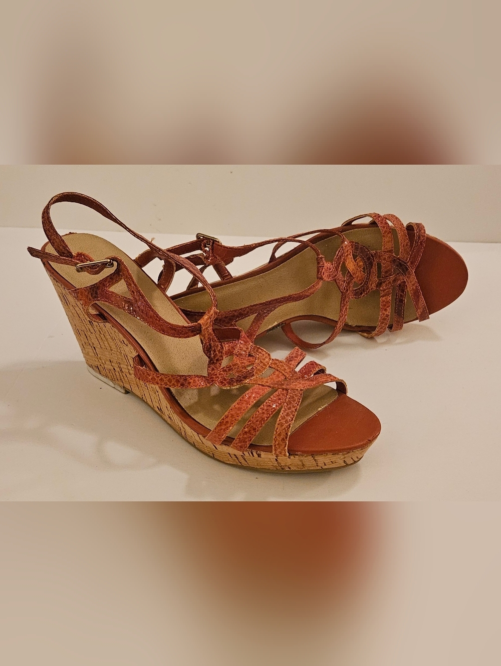 Kelly & Katie Tanya Wedge Strappy Sandal - Leather Orange Purple Reptile